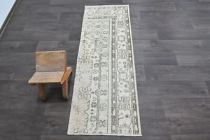Vintage Türkischer Läufer Teppich 2x5ft Wolle Anatolisch Handarbeit Flur Oushak WEISS - Bild 1 von 10