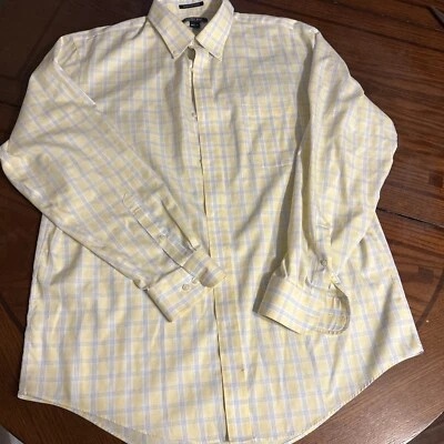 Lands End Dress Shirt Men 16.5 Tall Yellow Window Pane Plaid All Cotton - Image 1 of 4