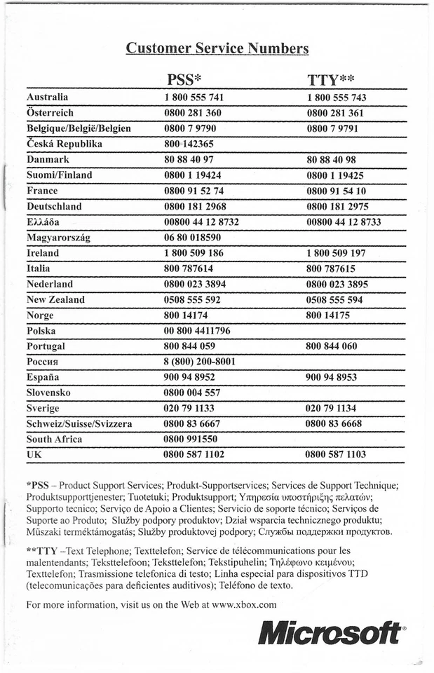 Microsoft Xbox 360 Customer Service Numbers Booklet - X11-74324-04 - Image 1 of 1