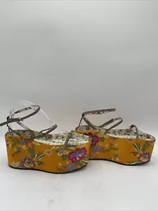 Gucci Yellow Floral/Beige Leather Open Toe Ankle Strap Flatform Sandals Sz 38.5 - Picture 1 of 7