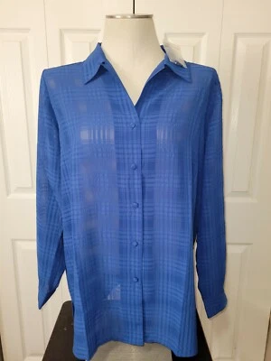 女式蓝色 Plisse 格子半透明长袖衬衫上衣 LIZ BAKER 尺寸 16W — 第 1/4 张图片