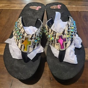 Justin Ladies Rhinestone & Cross Flip Flops Platform Sandals Size 10 - Picture 1 of 6