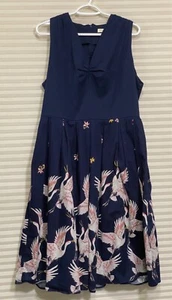 Belle Poque XXL Navy Blue With Cranes Sleeveless V Neck Cotton Dress Pockets EUC - Picture 1 of 6