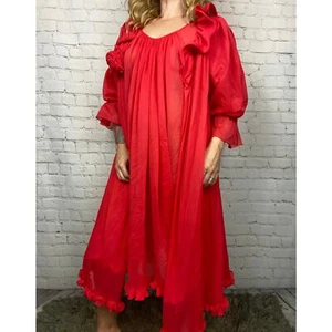 Vintage Red Sheer Ruffle Dress Robe Set Lolita Pinup 70s 60s Retro Babydoll OS - Picture 1 of 8