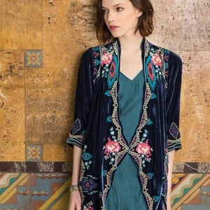 Johnny Was Aveza Draped Velvet Embroidered Aztec Silk Blend Coat Kimono size PS - Picture 1 of 9