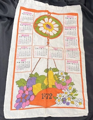 Vtg 1972 Linen Calendar Towel Fruit Flowers On Scale Grapes Strawberries Lemons+ - Image 1 of 4