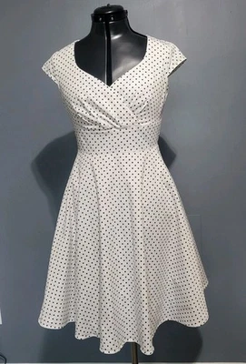 Black White Polka Dot Pinup Dress Fit & Flare Med Sweetheart Bodice Cotton Cap  - Image 1 of 4