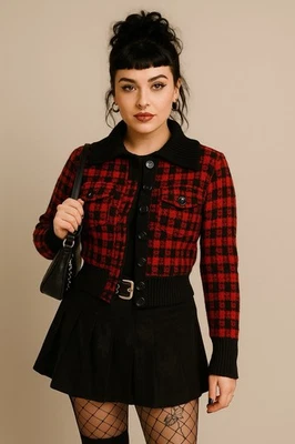 Chaqueta De Colección Y2K Sello Húmedo Mezcla Lana Pata de Gallo Roja Negra Preppy Punk Gótica Foto 1 de 4