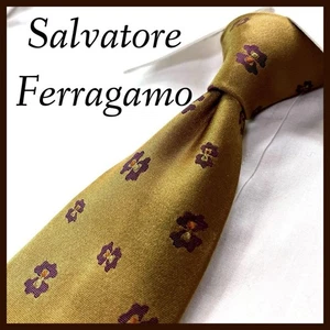 Ferragamo Silk Tie Small Pattern Butterfly Floral Gold Glossy Used - Picture 1 of 7