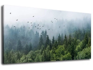 Green Forest Wall Art Tropical Forest Mountain Bird Contemporary Canvas Pictu... - Picture 1 of 6