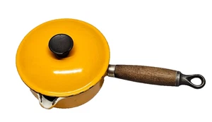 Vintage Le Creuset #14 Gusseisen gelb Kochtopf mit Holzgriff - BESCHREIBUNG LESEN - Bild 1 von 21