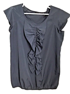 The Limited Top Womens Medium Navy Blouse Center Ruffle Cap Sleeves - Picture 1 of 8