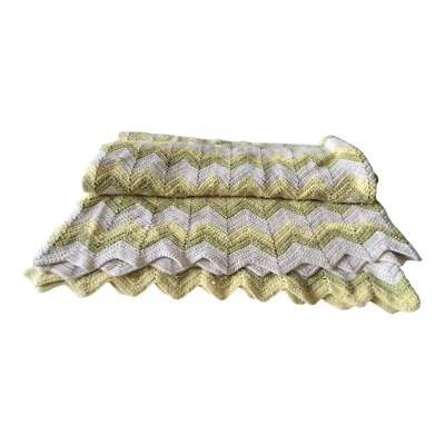 Vtg Afghan 68"x77" Green Yellow Chevron Zig Zag Crochet Blanket Throw MCM Retro - Image 1 of 4