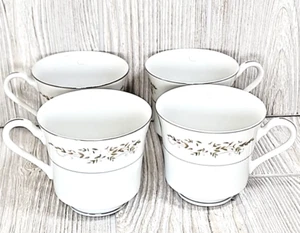 International 326 Springtime 4 Tea Cups White Flowers Leaves Platinum Rim - Picture 1 of 7