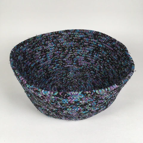 Basket Fabric Wrapped Coiled Blue Purple Black Gold Green 7.25”x3.5” Handmade Cover