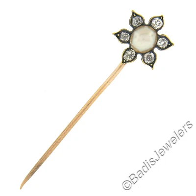 Antiguo oro y plata 0,36 quilates diamante talla antigua con perla centro flor palo prendedor Foto 1 de 4