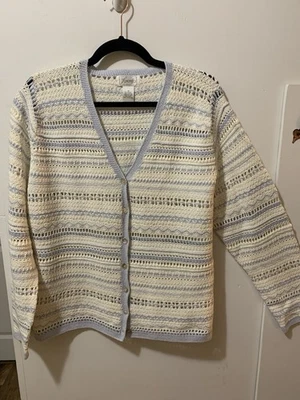 Винтажный крючком кардиган свитер женщин средний синий кремовый Grandmacore Foxcroft - Изображение 1 из 4