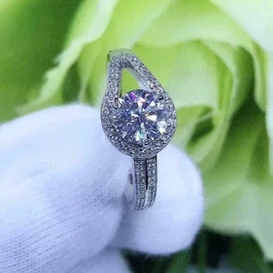2.00 Ct Round Cut Moissanite Halo Interlock Wedding Ring 14K White Gold Plated - Picture 1 of 6