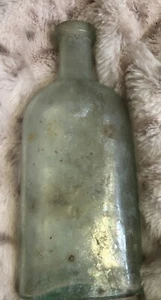 Antique Blown Glass Flask Bottle Patent Medicine? 5 3/4” Tall Blue Green Signed - Picture 1 of 8
