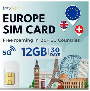 travSIM Europa karta SIM 12 GB danych 4G 5G ważna przez 30 dni w UE UK Szwajcaria - Zdjęcie 1 z 5