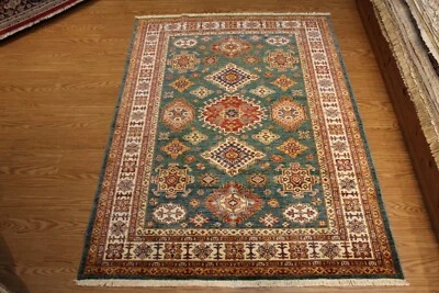 Alfombra kazaja caucásica 5x7 pies ALFOMBRA DE LANA AUTÉNTICA HECHA A MANO Fondo Verde Afgano Foto 1 de 4