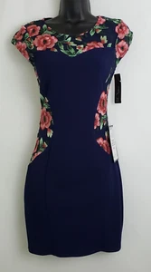 BCX Women's Dress Midnight Blue Floral Embroidered Short Sleeves Size 0 NWT - Picture 1 of 11