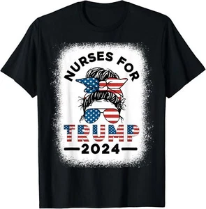 Nurses For Trump 2024 Messy Bun Nurse USA Flag Women T-Shirt Hoodie - Picture 1 of 11
