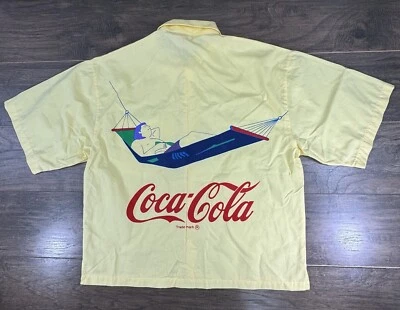 Vintage Coca Cola Brand Clothes Shirt Mens Large Yellow Graphic Button Up 90s - Image 1 of 4