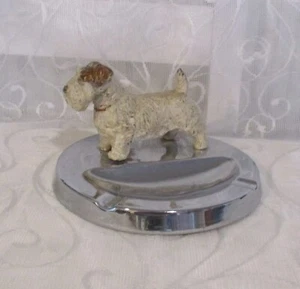 Vintage Chrome Plated Ashtray With Cold Painted Metal Terrier Dog Figurine 7.5cm - Picture 1 of 12