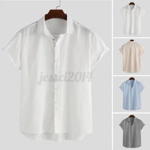 Mens Short Sleeve Summer Linen Loose Beach T-Shirts Button Down Tee Blouse Tops - Picture 1 of 15
