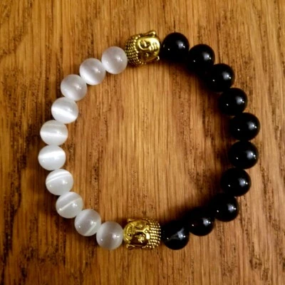 Pulsera Yin Yang Chakra 8mm Cuentas Hematita y Selenita, Buda Cobre, Yoga Reiki Foto 1 de 4