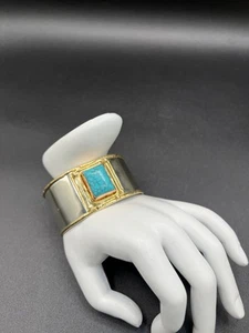 Turquoise, Brass, Silver Cuff Bracelet, 6.5” - Picture 1 of 9