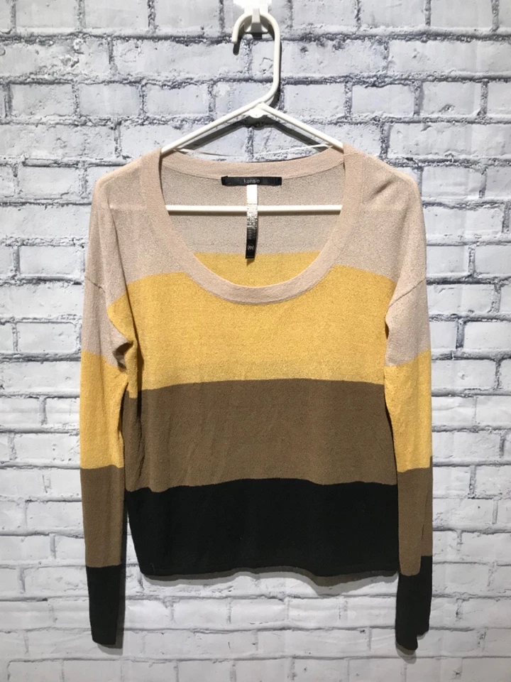 Suéter Pullover Kensie, M, Amarillo/Marrón/Negro Rayas Manga Larga Tejido Fino Foto 1 de 4
