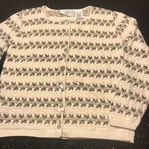 USA Pullover XL Strickjacke elfenbein mit Blattmuster MOP Knöpfe SQ. Ausschnitt - Bild 1 von 8