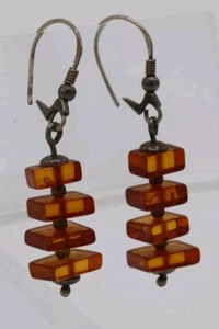 Orecchini Vintage In AMBRA E ARGENTO 925 Lunghi 4,5 Cm - Perfetti - Foto 1 di 6