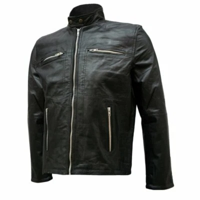 Leather Jacket Men's Genuine Lambskin Silver Zipper Black Leather Winter/ Biker - Image 1 of 4