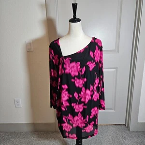 NWT Calvin Klein Top Women 3X Blur Floral Print Preppy Neck Black Pink Stretch - Picture 1 of 15
