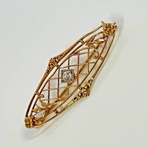 Victorian 14k Gold Krementz Art Nouveau And Diamond Center Pin / Brooch - Picture 1 of 9