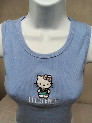 Hello Kitty Womens Medium Blue Ribbed Cropped Embroidered Rainbow Kitty Tank Top - Image 1 of 4
