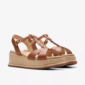 BNIB Clarks Ladies KIMMEI TWIST Tan Leather Wedged Sandals - Picture 1 of 6