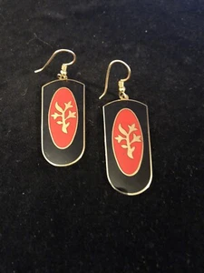 Vintage Red/Black Enamel Cloisonné Pierced Earrings Gold Tone Deco Style - Picture 1 of 3