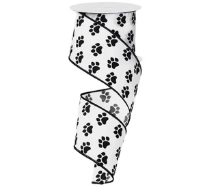 2.5" Satin Paw Print Ribbon 10 Yards Black White Wired Edge for Crafting - Picture 1 of 1