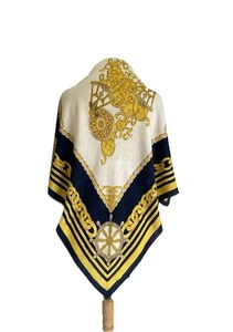 AS9# Bufanda de Seda Vintage Náutica Barroca Cadena Cuerda Rueda Azul Marino Dorado Italia - Imagen 1 de 5