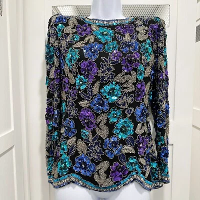 Blusa de seda Oleg Cassini negra corbata con cuentas top para mujer pequeña floral lentejuelas de colección años 80 Foto 1 de 4