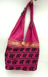 Women’s Purse Beach Book Bag Indian Shoulder Handmade Pink Lined Cotton Carryall