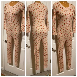 AERIE PINK FLORAL COTTON BLEND THERMAL ONE PIECE LONGJOHN PAJAMAS SZ S - Picture 1 of 7