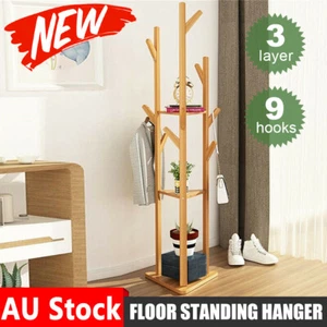 Wooden Coat Stand Storage Rack Clothes Hanger Hat Tree Jacket Bag Umbrella Hook - Picture 1 of 12