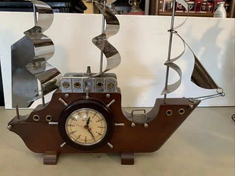 WORKS! Vintage Wood Nautical Sailing Boat Ship Electric Clock TV Lamp Oxford Cover