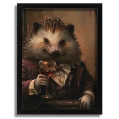 Hedgehog in Dapper Suit Sipping Red Wine Vintage Anthropomorphic Animal Wall Art - Image 1 of 2