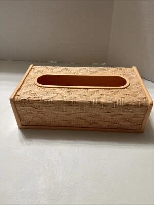 Caja de pañuelos naranja melocotón vintage cubierta plástico tejido rafia años 80’s 90’s Foto 1 de 4